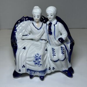 Vintage Victorian/Colonial Porcelain Couple On Sofa White/Blue Home Decor